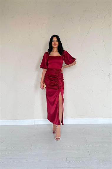 Toptan Bordo Büzgülü Saten Elbise