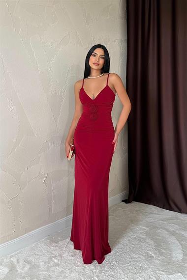 Toptan Bordo Büzgülü Uzun Güllü Elbise