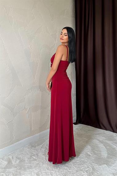 Toptan Bordo Büzgülü Uzun Güllü Elbise