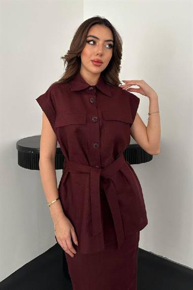 Toptan Bordo Cepli Gömlek Ve Etek Takım