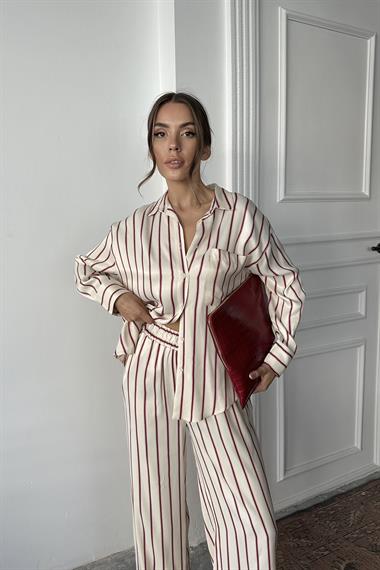 Toptan Bordo Çizgili Saten Takım