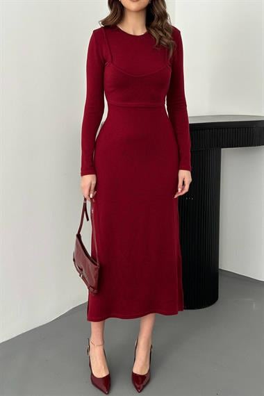 Toptan Bordo Croplu Akrilik Elbise