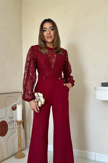 Toptan Bordo Dantelli Apoletli Tulum