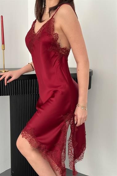 Toptan Bordo Dantelli Elbise