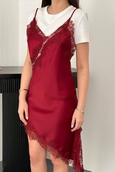 Toptan Bordo Dantelli Elbise