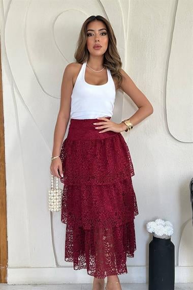 Toptan Bordo Dantelli Kat Kat Etek