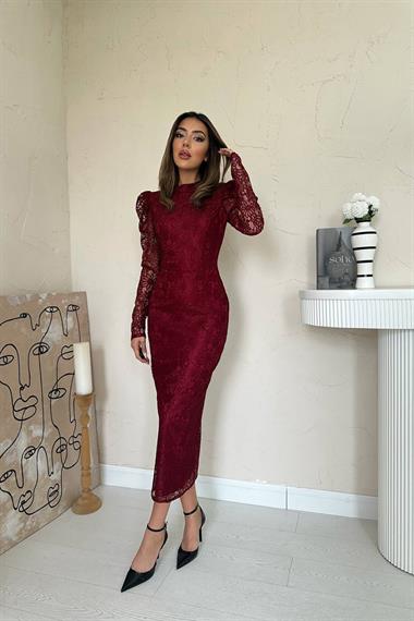 Toptan Bordo Dantelli Kolları Kabarık Elbise