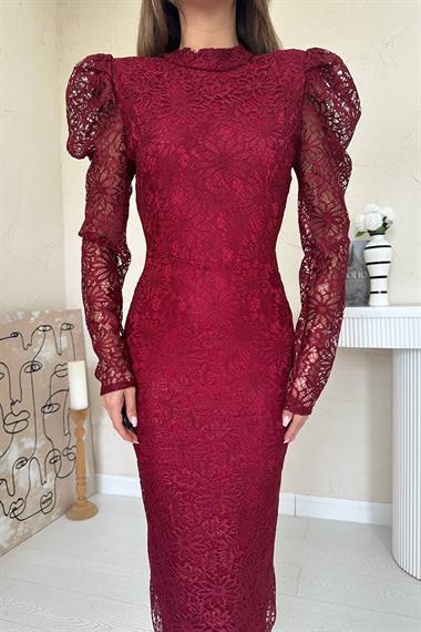 Toptan Bordo Dantelli Kolları Kabarık Elbise