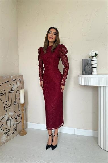 Toptan Bordo Dantelli Kolları Kabarık Elbise