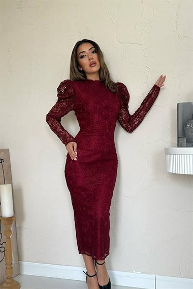 Toptan Bordo Dantelli Kolları Kabarık Elbise