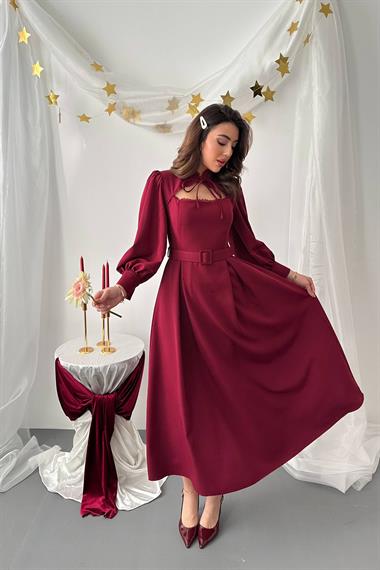 Toptan Bordo Dantelli Kuplu Elbise