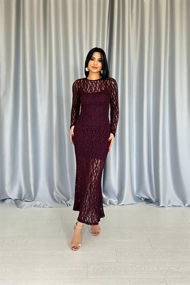 Toptan Bordo Dantelli Uzun Kollu Elbise