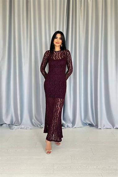Toptan Bordo Dantelli Uzun Kollu Elbise