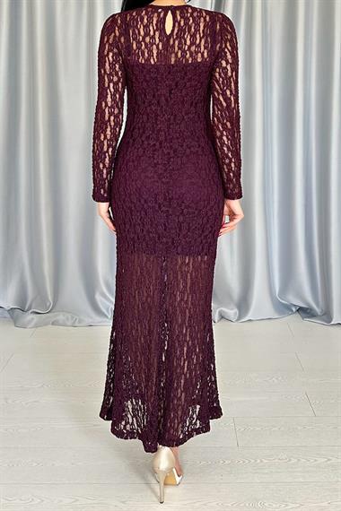 Toptan Bordo Dantelli Uzun Kollu Elbise