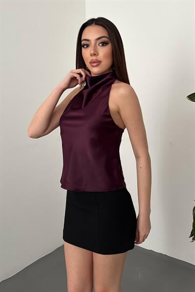Toptan Bordo Degaje Saten Bluz