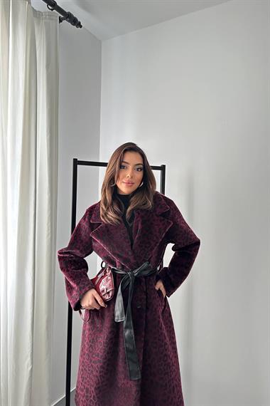 Toptan Bordo Deri Kuşak Garnili Kaban