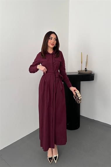 Toptan Bordo Düğmeli Poplin Elbise