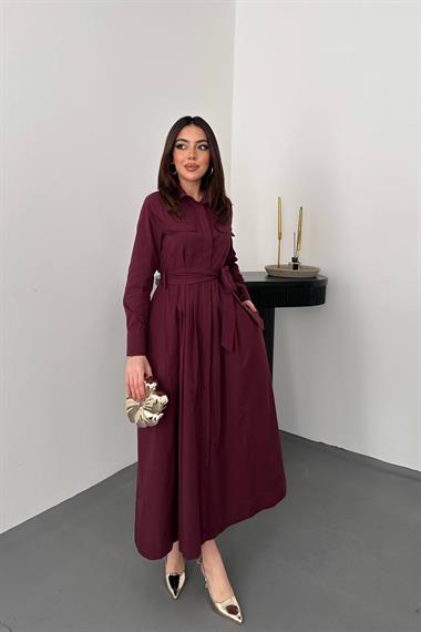 Toptan Bordo Düğmeli Poplin Elbise