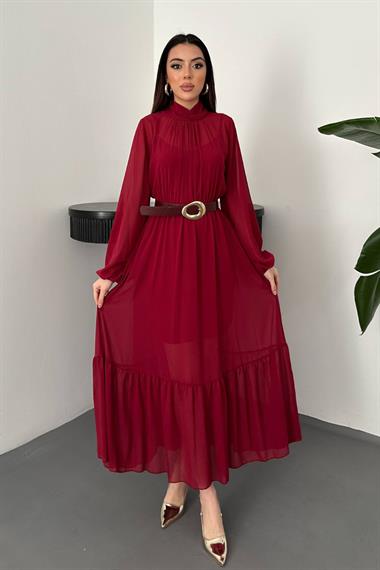 Toptan Bordo Eteği Fırfırlı Şifon Elbise