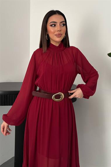 Toptan Bordo Eteği Fırfırlı Şifon Elbise
