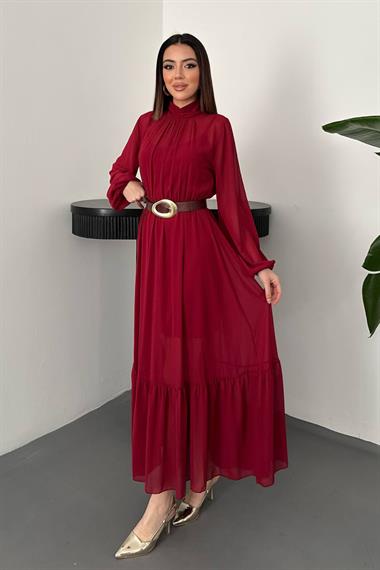 Toptan Bordo Eteği Fırfırlı Şifon Elbise