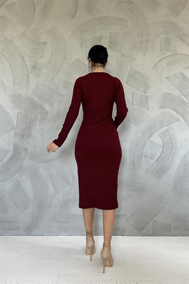 Toptan Bordo Eteği Yırtmaçlı Triko Elbise