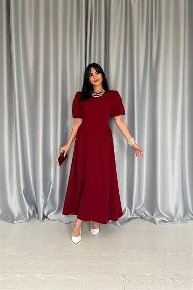 Toptan Bordo Etek Yanları Büzgülü Balon Kollu Elbise