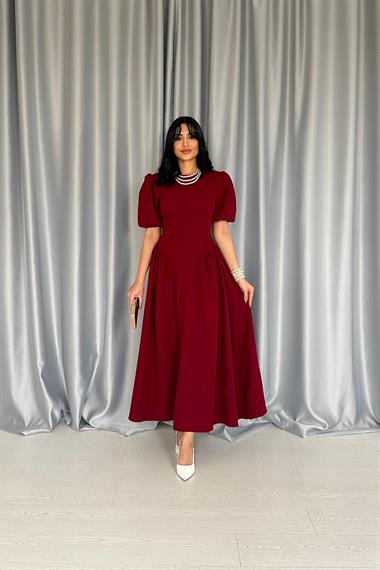 Toptan Bordo Etek Yanları Büzgülü Balon Kollu Elbise
