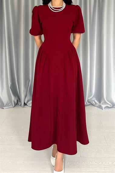 Toptan Bordo Etek Yanları Büzgülü Balon Kollu Elbise