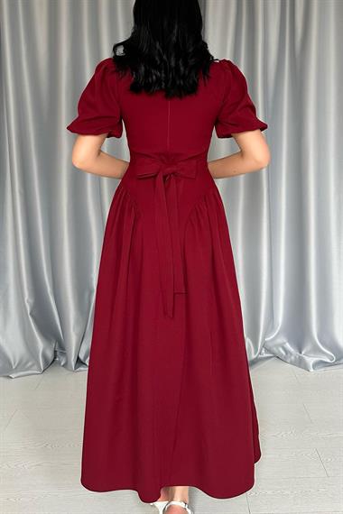 Toptan Bordo Etek Yanları Büzgülü Balon Kollu Elbise