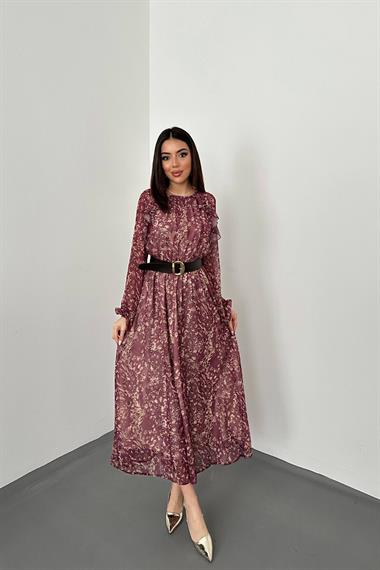 Toptan Bordo Fırfırlı Şifon Elbise