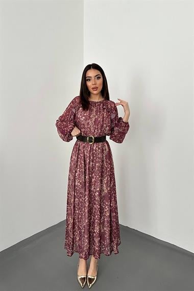 Toptan Bordo Fırfırlı Şifon Elbise