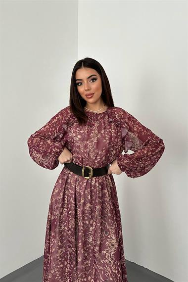Toptan Bordo Fırfırlı Şifon Elbise