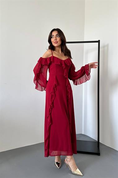Toptan Bordo Fırfırlı Şifon Elbise