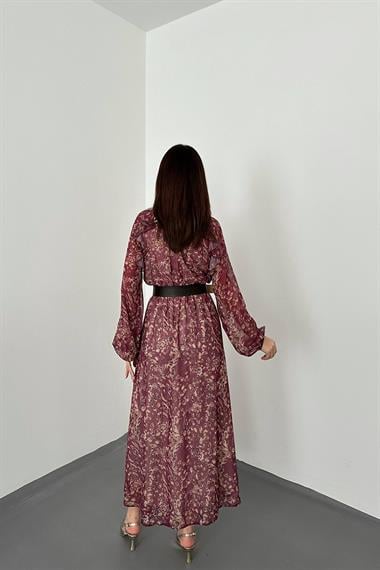 Toptan Bordo Fırfırlı Şifon Elbise