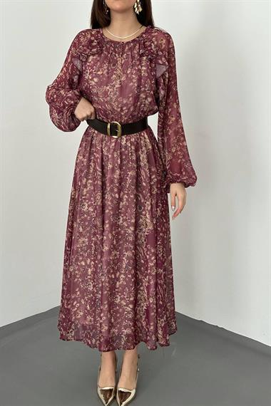 Toptan Bordo Fırfırlı Şifon Elbise
