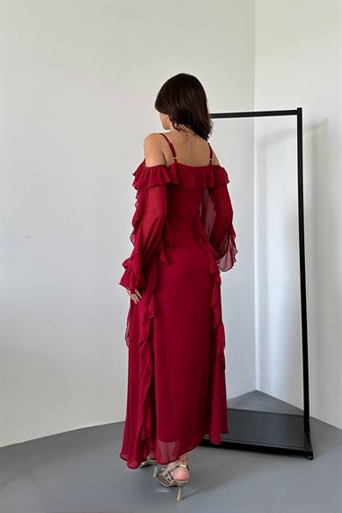 Toptan Bordo Fırfırlı Şifon Elbise