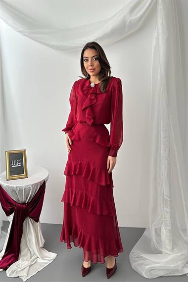 Wholesale Burgundy Ruffled Chiffon Set