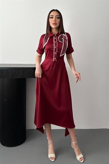 Toptan Bordo Fular Detaylı Saten Elbise