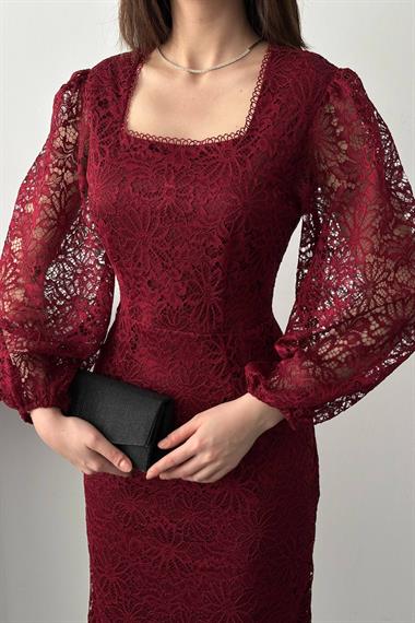 Toptan Bordo Güpür Detaylı Dantel Elbise
