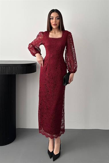 Toptan Bordo Güpür Detaylı Dantel Elbise