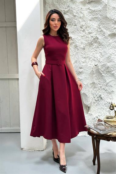 Toptan Bordo Halter Yaka Kloş Elbise