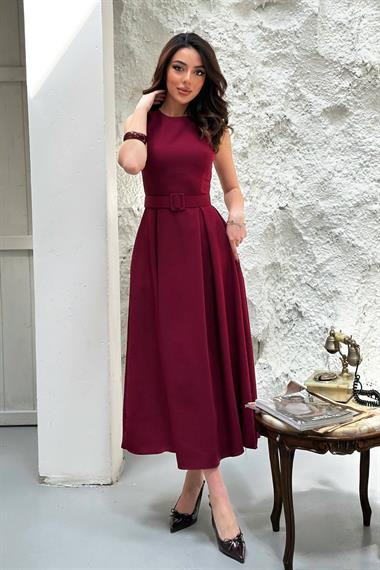 Toptan Bordo Halter Yaka Kloş Elbise