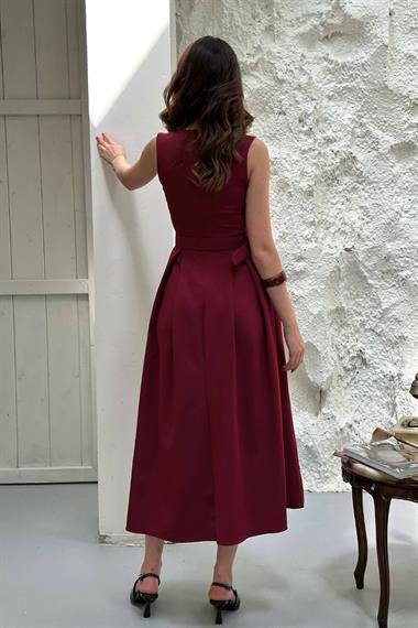 Toptan Bordo Halter Yaka Kloş Elbise