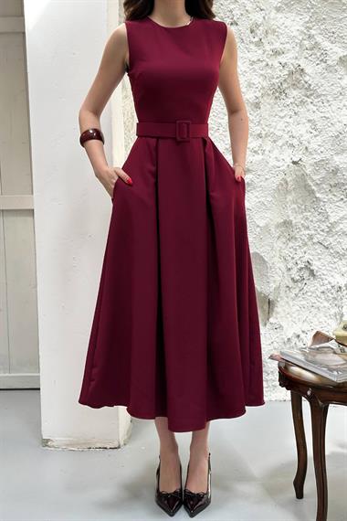 Toptan Bordo Halter Yaka Kloş Elbise