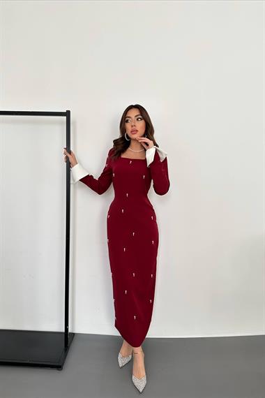 Toptan Bordo İşlemeli Atlas Elbise