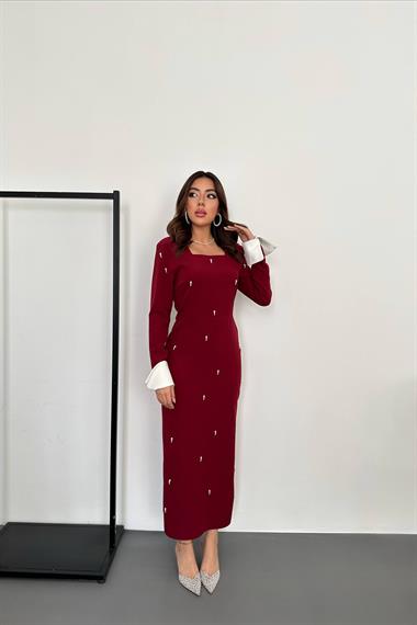 Toptan Bordo İşlemeli Atlas Elbise