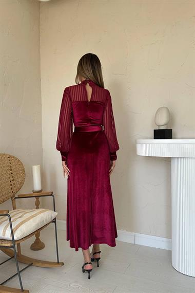 Toptan Bordo Kadife Dantel Detaylı Elbise