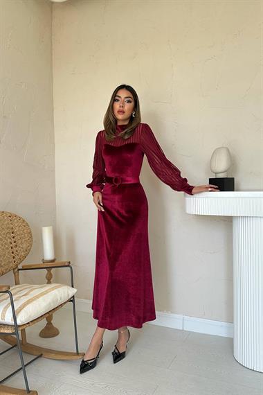 Toptan Bordo Kadife Dantel Detaylı Elbise