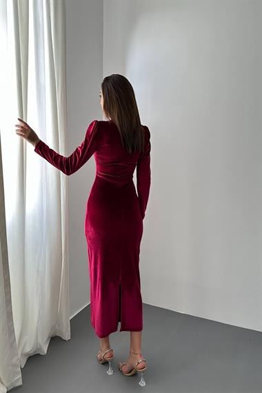 Toptan Bordo Kadife Işıltılı Elbise